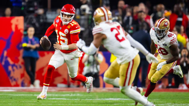 Kansas City Chiefs quarterback Patrick Mahomes against the San Francisco 49ers during Super Bowl LVIII.